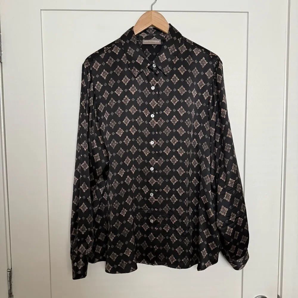Valerie Stevens Blouse Womens Sz 20W Black Floral Silk Long Sleeve Button Up